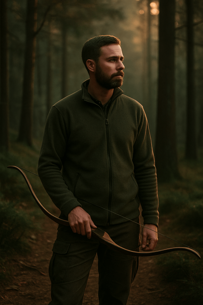 Mann in Waldumgebung mit traditionellem Bogen – Symbolbild für fokussierte, intuitive Führung